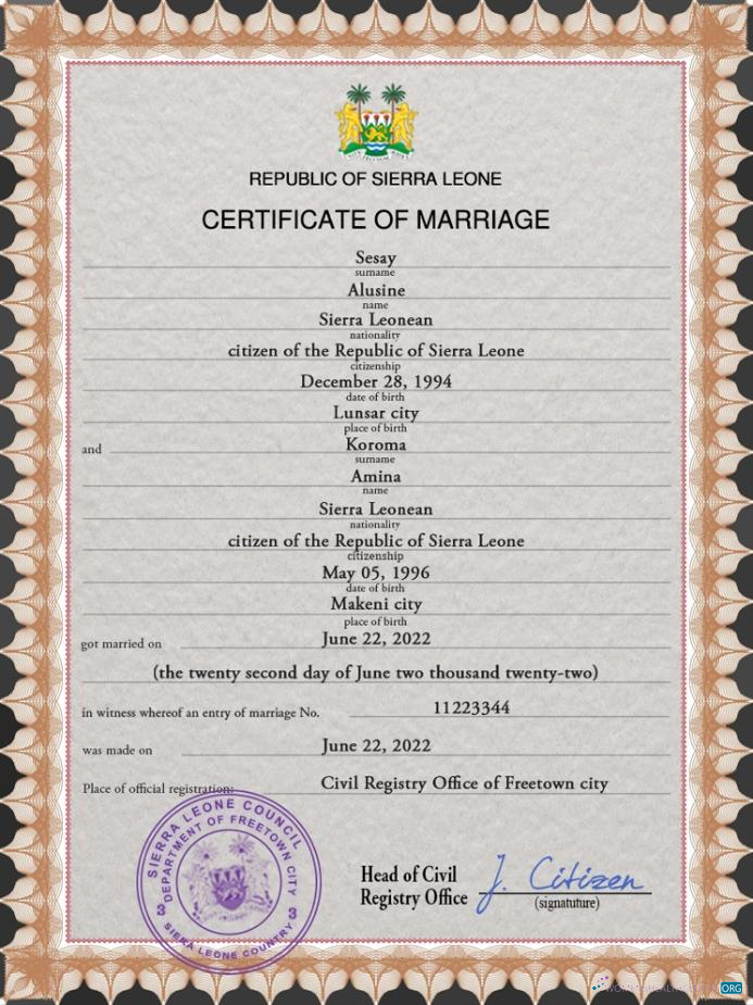 Download Sierra Leone marriage certificate PSD template Photoshop template